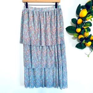 Floral Tiered Midi Skirt - Blue Multi